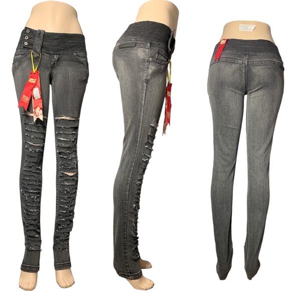 *NEW* FOXY  Tall Black size 7 ripped jeans low waist skinny - Picture 1 of 16